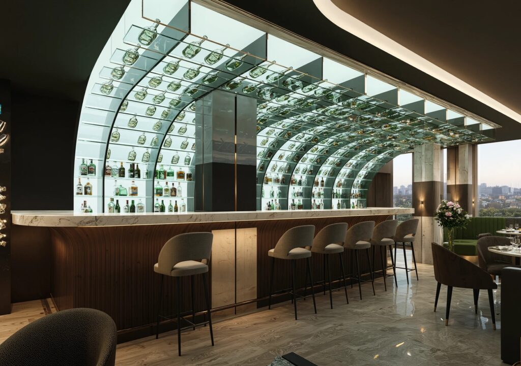 Luxury restaurant Interior Design Fancy Bar Counter And Seating Booth